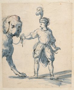 Polský trpaslík vodící psa (pero, inkoust a mytí na papíře) od Inigo Jones