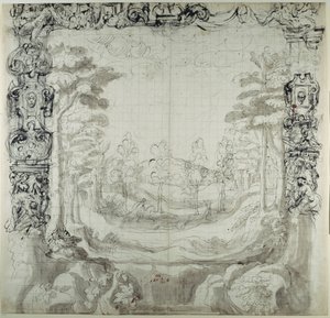 Proscénium a lovecká scéna (pero a inkoust na papíře) od Inigo Jones