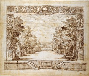 Proscenium a scéna ve stoje, cca 1635 (pero a inkoust na papíře) od Inigo Jones
