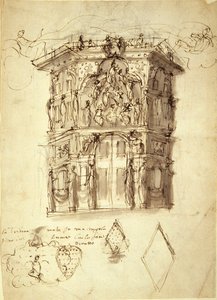 The Masque of Queens, scéna 2: Dům slávy, cca 1609 (pero a inkoust na papíře)