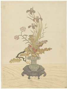 Ikebana květinové aranžmá v zelené váze od Ippitsusai Bunchô (manner of)