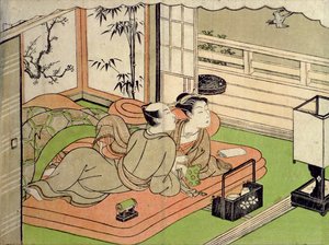 Erotický tisk "šunga": milenci naslouchající kukačce od Ippitsusai Buncho (1725-94)