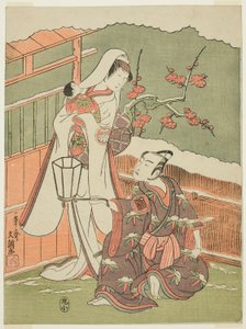 Herci Arashi Sangorô II jako Minamoto no Yoritomo a Segawa Kikunojô II jako Sněhová žena ve filmu „Bavlněná vata Izu chránící manželské chryzantémy“ („Myôtogiku Izu no Kisewata“) od Ippitsusai Bunchō