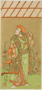 Herec Ichikawa Komazo II jako Soga no Juro Sukenari v přestrojení za lovce lišek ve hře Kagami-ga-ike Omokage Soga, uvedené v divadle Nakamura v prvním měsíci, 1770 od Ippitsusai Bunchō
