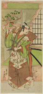 Herec Ichikawa Yaozo II na oslavě před představením hry „Soga Monogatari“, hrané v divadle Morita ve druhém měsíci roku 1773 od Ippitsusai Bunchō