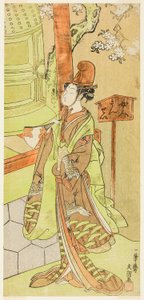 Herec Iwai Hanshiro IV jako Kiyohime ve hře Hidakagawa Iriai-zakura, hrál v divadle Morita v devátém měsíci, 1770 od Ippitsusai Bunchō
