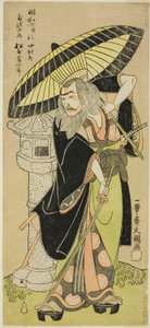 Herec Matsumoto Koshiro III jako Kikuchi Hyogo Narikage ve hře Katakiuchi Chuko Kagami (Vendeta: Model loajality a synovské povinnosti), hrané v divadle Nakamura od pátého dne šestého měsíce, 1770 od Ippitsusai Bunchō