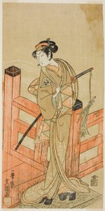 Herec Nakamura Matsue I jako Tsuchiya Umegawa v přestrojení za ženskou zápasnici sumo Oyodo (?) ve hře Naniwa no Onna-zumo (?), hrané v divadle Nakamura (?) v šestém měsíci, 1770 (?) od Ippitsusai Bunchō