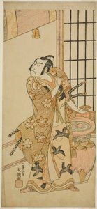 Herec Sawamura Sojuro II jako Kudo Suketsune (?) ve hře Edo no Hana Wakayagi Soga (?), hrané v divadle Ichimura (?) ve druhém měsíci, 1769 (?) od Ippitsusai Bunchō