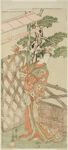 Herec Yamashita Kinsaku II jako Moshio, manželka Ito Sukekiyo, ve hře Izu-goyomi Shibai no Ganjitsu, hrál v divadle Morita v jedenáctém měsíci, 1772 od Ippitsusai Bunchō