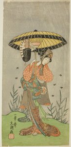 Herec Yamashita Kinsaku II jako Nijo no Kisaki (?) ve hře Natsu Matsuri Naniwa Kagami (?), hrál v divadle Morita (?) v sedmém měsíci, 1770 (?) od Ippitsusai Bunchō