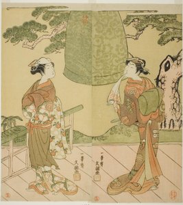 Herci Ichimura Uzaemon IX jako Shume no Hangan Morihisa (vpravo) a Sanogawa Ichimatsu II jako Chujo (vlevo) ve hře Play Edo no Hana Wakayagi Soga, představení v divadle Ichimura ve druhém měsíci, 1769 od Ippitsusai Bunchō