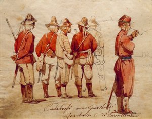 Vojáci kalábrijské armády během expedice tisíce, ilustrace Ippolito Caffi od Ippolito Caffi
