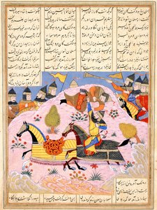 Malik zvedá Abul Mihjan ze sedla. Z Khavarannama Kniha východu ibn Husam al-D od Iranian Master
