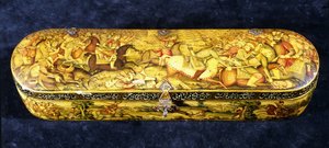Krabice z papírového pera, na horní straně malovaná bitvou o Chaldiran od Iranian School