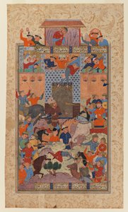 Folio from a Shahnameh: The Iranians Capture Afrasiyabs Fortress, c.1580-1590 (inkoust & neprůhledné wc na papíře)