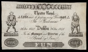 Reklama na pantomimu v Theatre Royal v Dublinu, založená na bankovce Bank of Ireland od Irish School