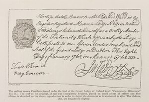 Faksimile nejstaršího známého certifikátu vydaného pod pečetí Velké lóže Irska z roku 1762 od Irish School