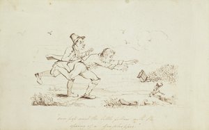 Over Pop Went the Little Fellow with Spring of a Grasshopper, knižní ilustrace zobrazující Dva Irové honí skřítka, 19. století (pero a inkoust na papíře) od Irish School