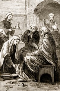 Svatá Brigit baví biskupa, z Trias Thaumaturga, neboli Tři zázrační svatí Irska, od Mary Cusack (1829-99), vydáno kolem 90. let 19. století