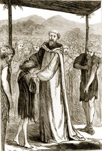 St. Columba žehná divokému chlapci, z knihy Trias Thaumaturga neboli Tři zázrační svatí Irska od Mary Cusack (1829-99), vydaná kolem 90. let 19. století od Irish School