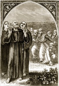 St. Columba zpívá a je napaden druidy z knihy Trias Thaumaturga neboli Tři zázrační svatí Irska od Mary Cusack (1829-99) publikovaná kolem 90. let 19. století