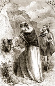 Svatý Patrik označuje Connalsův štít s křížem, z knihy The Trias Thuamaturga, or Three Wonder-Working Saints of Ireland, kterou napsala Mary Cusacková (1829-99), vydané kolem roku 1890. od Irish School