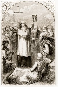 St. Patrick ukazuje lidu Irska Čtyři evangelia z knihy Trias Thaumaturga neboli Tři zázrační svatí Irska od Mary Cusack (1829-99) publikovaná kolem 90. let 19. století od Irish School