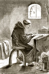 Svatý Vincent píše ve své cele ve Ferins z knihy Trias Thaumaturga neboli Tři zázrační svatí z Irska od Mary Cusack (1829-99) vydané kolem 90. let 19. století od Irish School