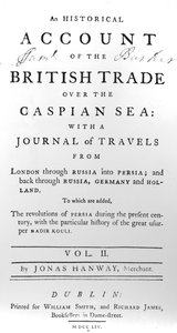 Titulní strana k Historický popis britského obchodu přes Kaspické moře s časopisem o cestách od Jonase Hanwaye, 1754 od Irish School