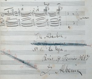 Noty pro klavírní suitu „“ La Vega “ s autogramem Isaaca Albenize (1860-1909), španělského skladatele a klavíristy. Datum rukopisu 14. února 1897. Národní knihovna Katalánska. od Isaac Albeniz