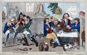 French Happiness: English Misery, pub. 1793 (ručně kolorovaná rytina)