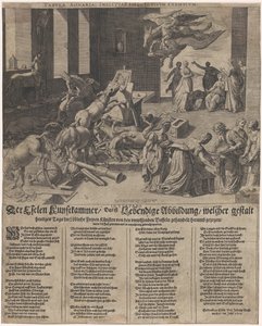 Ezelové používají kunstkomoru Oslík Kunstkammer, to je živá ilustrace, která dnes tvoří chvályhodná volná umění, vláčená ignorantským buvolem (...) (název na předmětu) od Isaac Duchemin