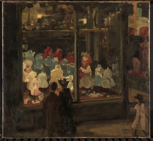 Výloha Levá výloha se zapuštěnou vstupní verandou módního skladu Bahlmann & Co, Nieuwendijk 202, Amsterdam, v noci od Isaac Israels