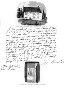 Dopis od Isaaca Newtona a pohled na jeho rodiště ve Woolsthorpe, Lincolnshire, 1682, 1840.