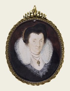Lady Anne Bacon, cca 1600 (neprůhledný akvarel a zlacení na pergamenu) od Isaac Oliver