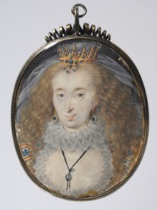 Portrét Lucy Russell, hraběnky z Bedfordu, kolem 1608-16 (akvarel na pergamenu se zlatem a stříbrem ve stříbrném zlaceném rámu) od Isaac Oliver