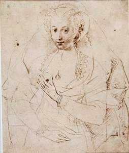 Portrét neznámé dámy, formálně zvané Lucy Harrington, hraběnka z Bedfordu, skica k miniaturě (č. 3902) c.1605 (pero a inkoust, křída na papíře) (viz také 58811) od Isaac Oliver