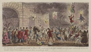"Dům ubytování" ve Flames! (barevné gravírování) od Isaac Robert (after) Cruikshank