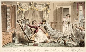 Krátký set na Longs Hotel nebo Stop-Ford nedostává to nejlepší, z hospody The English Spy. 1824 (ručně kolorovaná rytina) od Isaac Robert Cruikshank