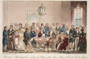 Bernard Blackmantle čte svou hru v Green Room divadla Covent Garden, z hospody The English Spy. 1824 (ručně kolorovaná rytina) od Isaac Robert Cruikshank