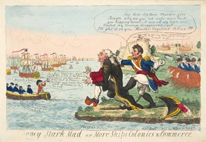 Boney Stark Mad or More Ships Colonies & Commerce, hospoda. 1808 (ručně kolorovaná rytina)