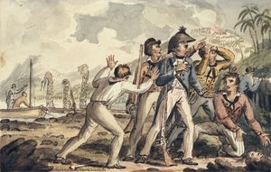 Kapitán Burney objevuje své zavražděné spolucestující, ilustrace z „The Voyages of Captain Cook“ od Isaac Robert Cruikshank