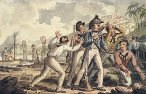 Kapitán Burney Objevuje své zavražděné spolucestující“, z Cesty kapitána Cooka od Isaac Robert Cruikshank