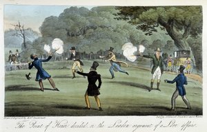 Souboj s pistolí pro srdeční záležitost - v „“The English spy”” Charles Molloy Westmacott, ill. od Roberta Cruikshanka, Londýn od Isaac Robert Cruikshank