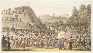 Eton Montem, a hora, Salt Hill, od The English Spy, pub. 1824 (ručně kolorovaná rytina) od Isaac Robert Cruikshank