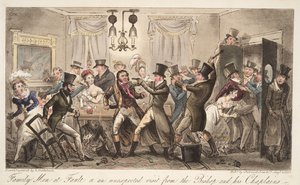 Family Men at Fault, aneb neočekávaná návštěva biskupa a jeho kaplanů, z hospody The English Spy. 1824 (ručně kolorovaná rytina) od Isaac Robert Cruikshank