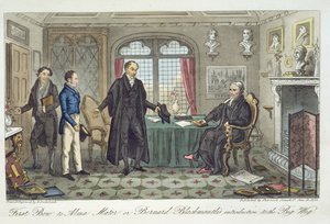 First Bow to Alma Mater, aneb úvod Bernarda Blackmantla k Velké paruce, z „Anglického špióna“, Charles Molloy Westmacott (1788-1868), publikováno v Londýně, 1825 od Isaac Robert Cruikshank