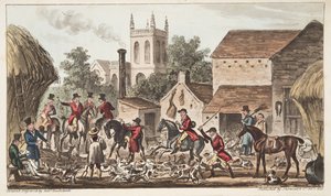 Going out; A view of Berkeley Hunt Kennel, from The English Spy published 1824, (hand coloured engraving) od Isaac Robert Cruikshank