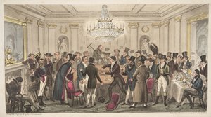 Interiér moderního pekla - vide. The Cogged Dice, z knihy The English Spy, pub. 1824 (ručně kolorovaná rytina) od Isaac Robert Cruikshank